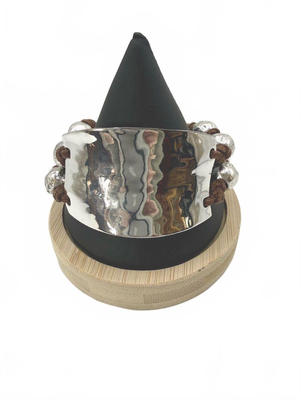 RLM Soho Silvertone Hammered Statement Cuff with Brown Cord Details